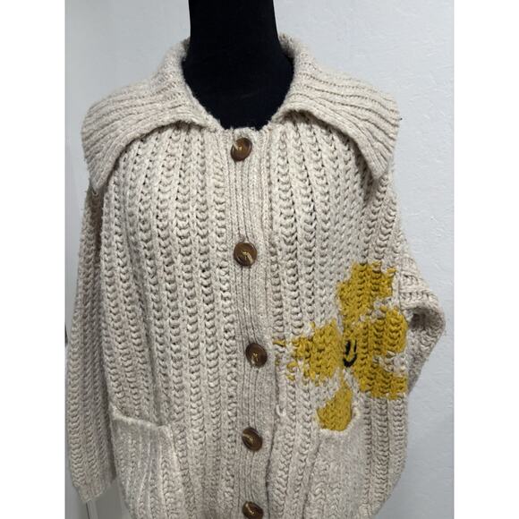 ANTHROPOLOGIE | PILCRO Cheerful Smiley Face Flower wool Cardigan Size 1X - Picture 4 of 8
